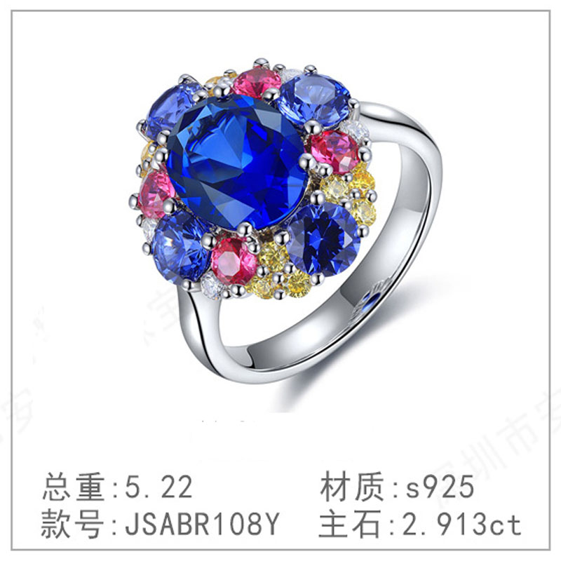 s925银钻石戒指奢高级新款培育钻石简洁蓝宝镀钻钻戒戒指环
