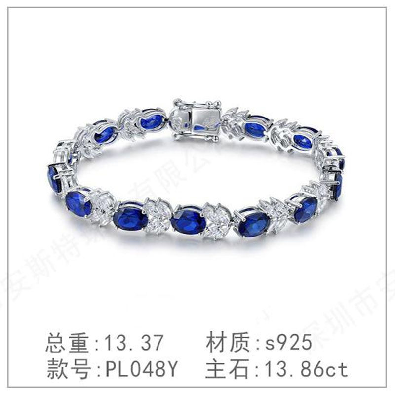 925纯银珠宝培育蓝宝石简洁手链圈高级感锁骨链简约轻奢复古手链