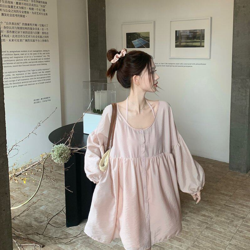 甜美设计感灯笼袖连衣裙女2025秋季新款宽松单排扣长袖娃娃裙chic