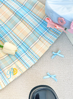 川町香【盐汽水】黄蓝格显白刺绣原创jk学生格裙百褶裙学院短裙