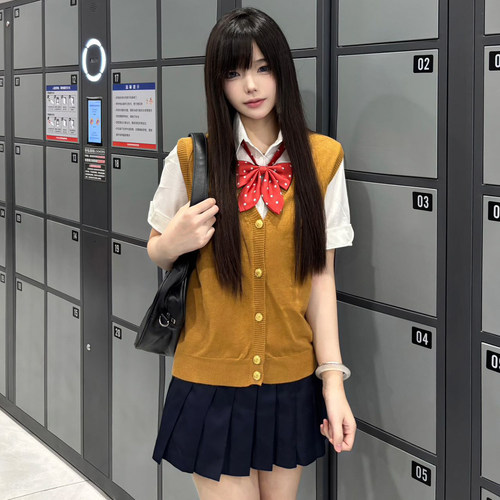 川町香原创针织衫软妹穿搭无袖纽扣马甲背心衬衫绀色短裙套装