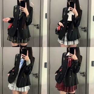 川町香【川知音】双排扣西装刺绣马甲套装原创格裙学院女秋冬叠穿