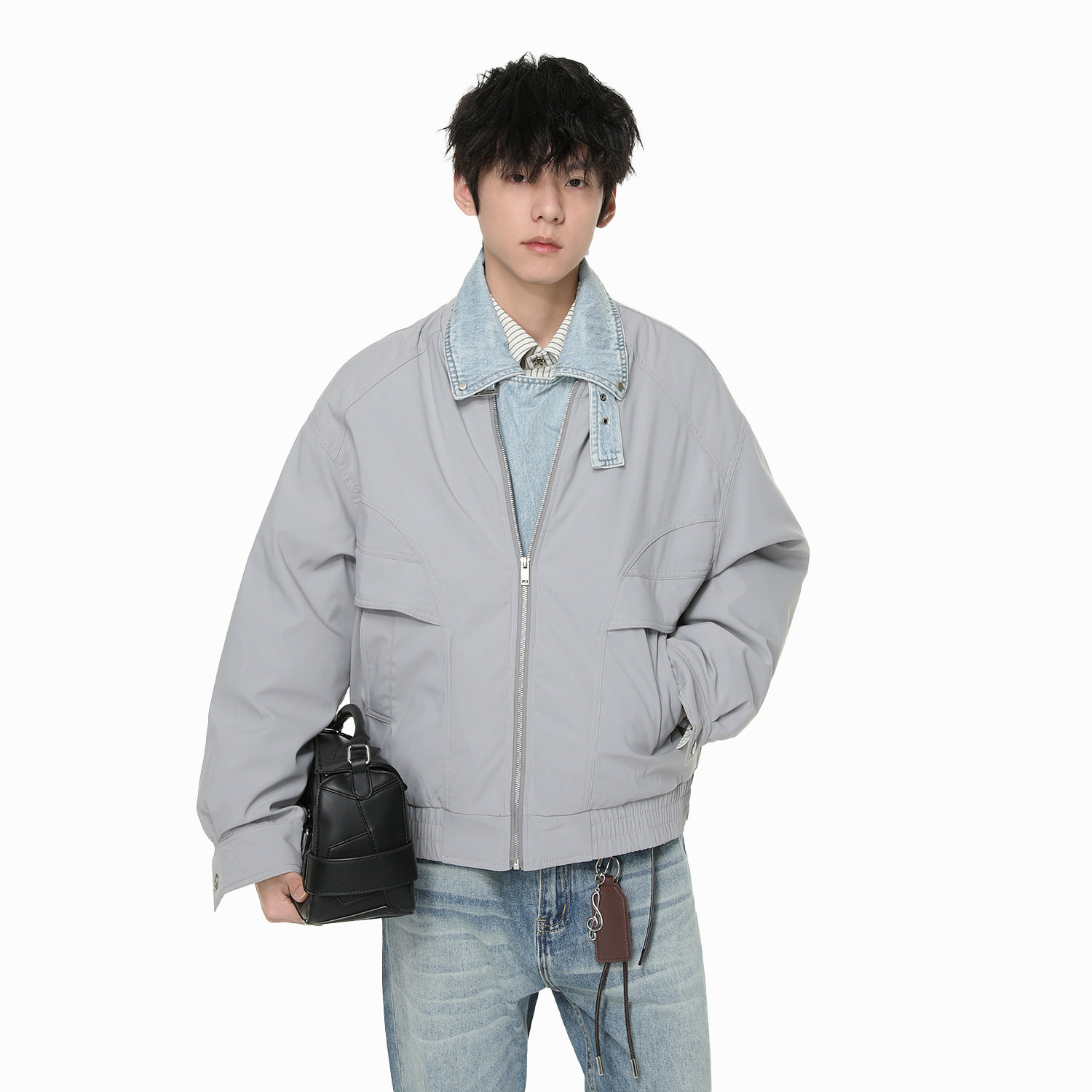 981018|美式拼接牛仔假两件翻领90%白鸭绒保暖羽绒服休闲