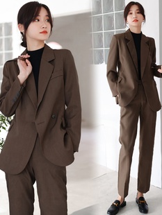 女夏季 薄款 西装 职业装 高级感休闲大学生小个子两件套 套装 棕色正装