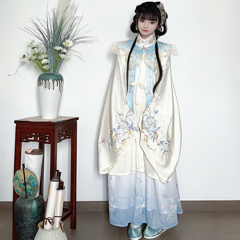 原创汉服女明制立领长衫云肩春秋齐腰套装古风刺绣