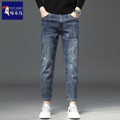 啄木鸟九分破洞牛仔裤男秋冬新款