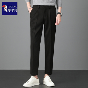 啄木鸟毛呢九分裤男秋冬新款商务百搭男裤微锥直筒修身休闲长裤子