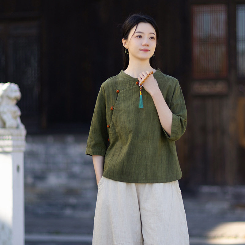 山东青岛苎麻衬衫2026新款盘扣宽松大码复古国风水洗渐变女式上衣