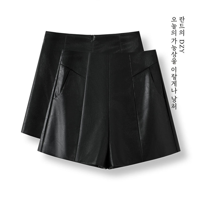 春秋黑色PU皮高腰显瘦阔腿短裤