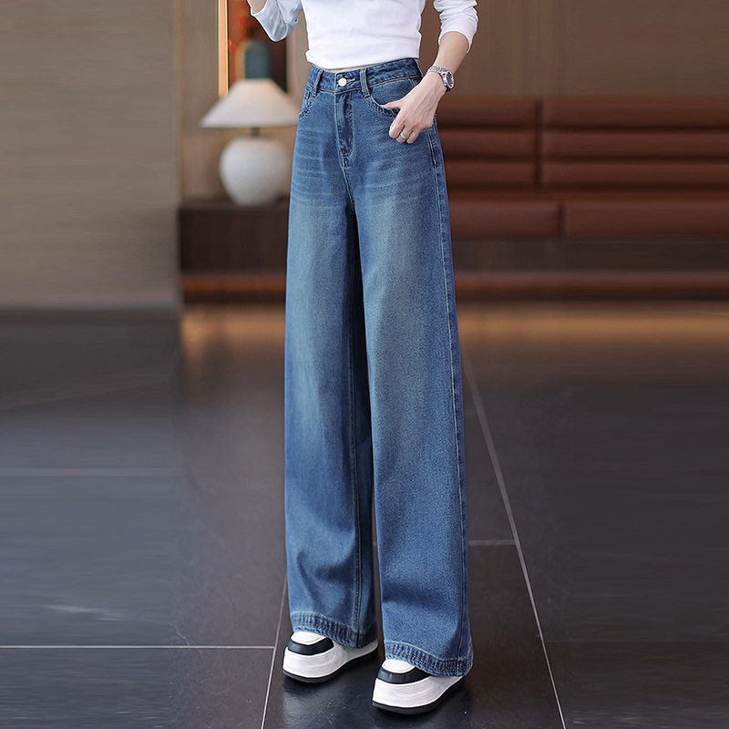 蓝色复古高腰阔腿牛仔裤女2025秋冬新款裤脚刺绣梨型身材显瘦裤子