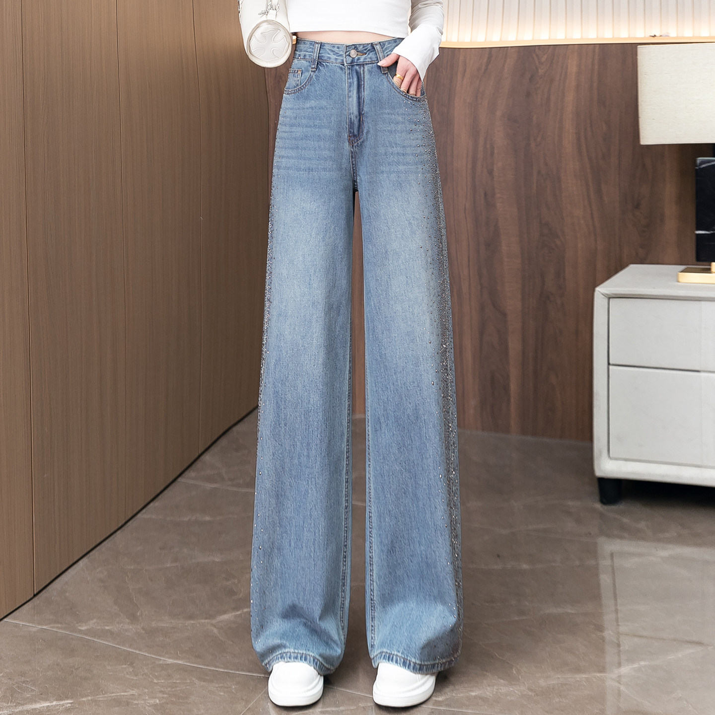 满天星闪钻牛仔裤女2026春夏新款高腰显瘦直筒裤休闲烫钻阔腿长裤