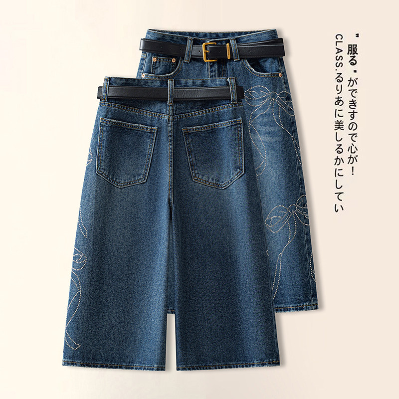 烫钻牛仔短裤女夏季薄款2026新款高腰显瘦外穿阔腿中裤工装五分裤