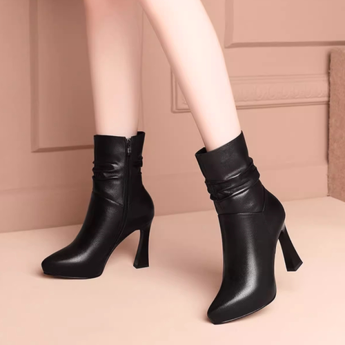 真皮中筒靴女高跟加绒粗跟马丁靴