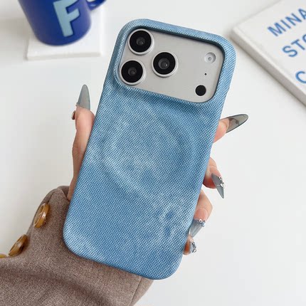 港风牛仔布纹磁吸适用苹果17Promax手机壳新款素皮耐脏iphone16pro简约个性半包防摔外壳
