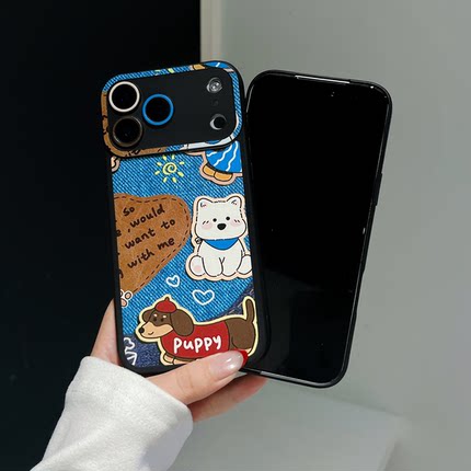 卡通复古牛仔皮纹蓝puppy狗苹果17promax全包iPhone16pro手机壳15新款14pro软壳13pm创意12防摔壳11