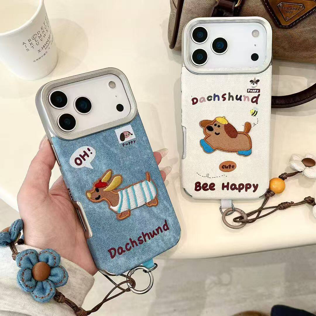 卡通牛仔纹立体刺绣狗+手绳适用iPhone17promax手机壳