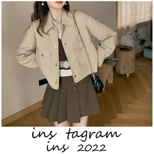 哑光纹理环葆皮夹克女早秋小个子短外套 金扣小皮衣