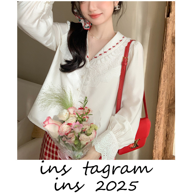 白日梦我 复古绣花蝴蝶结蕾丝小衫/半裙女春甜美套装