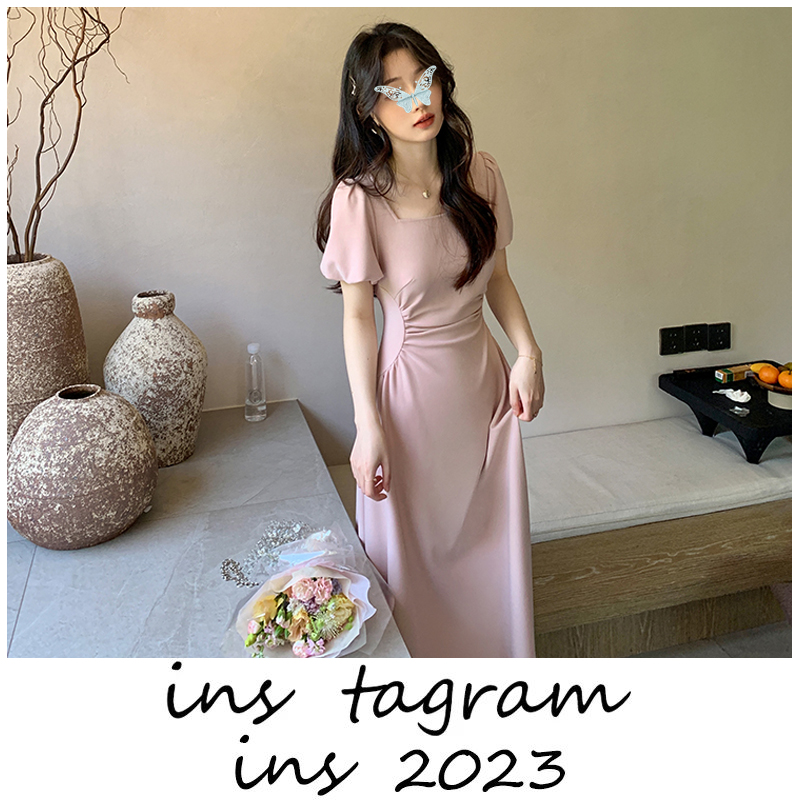 小腰精 方领气质连衣裙2023新款女高级感收腰裙子夏季