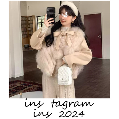 晴山暮雪 毛球蝴蝶结女秋冬呢大衣/进口狐狸毛毛马甲