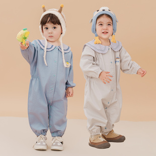 哈衣连体罩衣女孩爬爬服户外防脏围衣婴幼儿爬行衣冬 宝宝纯棉长袖