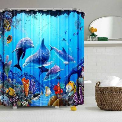Dolphin Shower Curtain Blue Underwater World Marine Life Pol