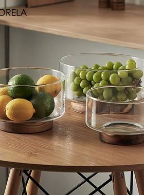Glass Fruit Bowl Creative Large Salad Bowl Wood Base Snacks
