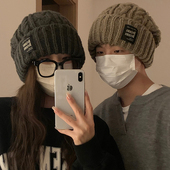 毛线帽子女冬季 日系贴布大头围显脸小堆堆帽保暖护耳针织冷帽男潮