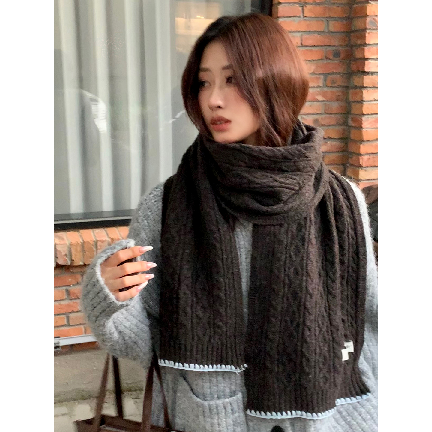 复古老钱风麻花针织围巾女秋冬韩版百搭羊毛混纺保暖护颈学生围脖