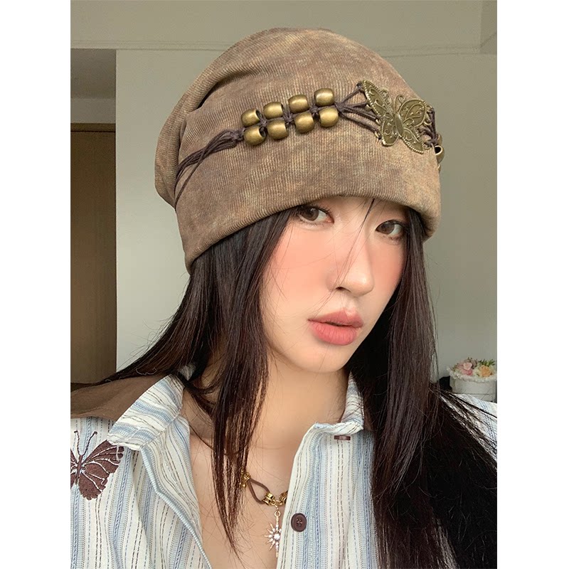 川西潮搭帽子女秋冬废土风小众设计扎染流苏蝴蝶大头围套头堆堆帽