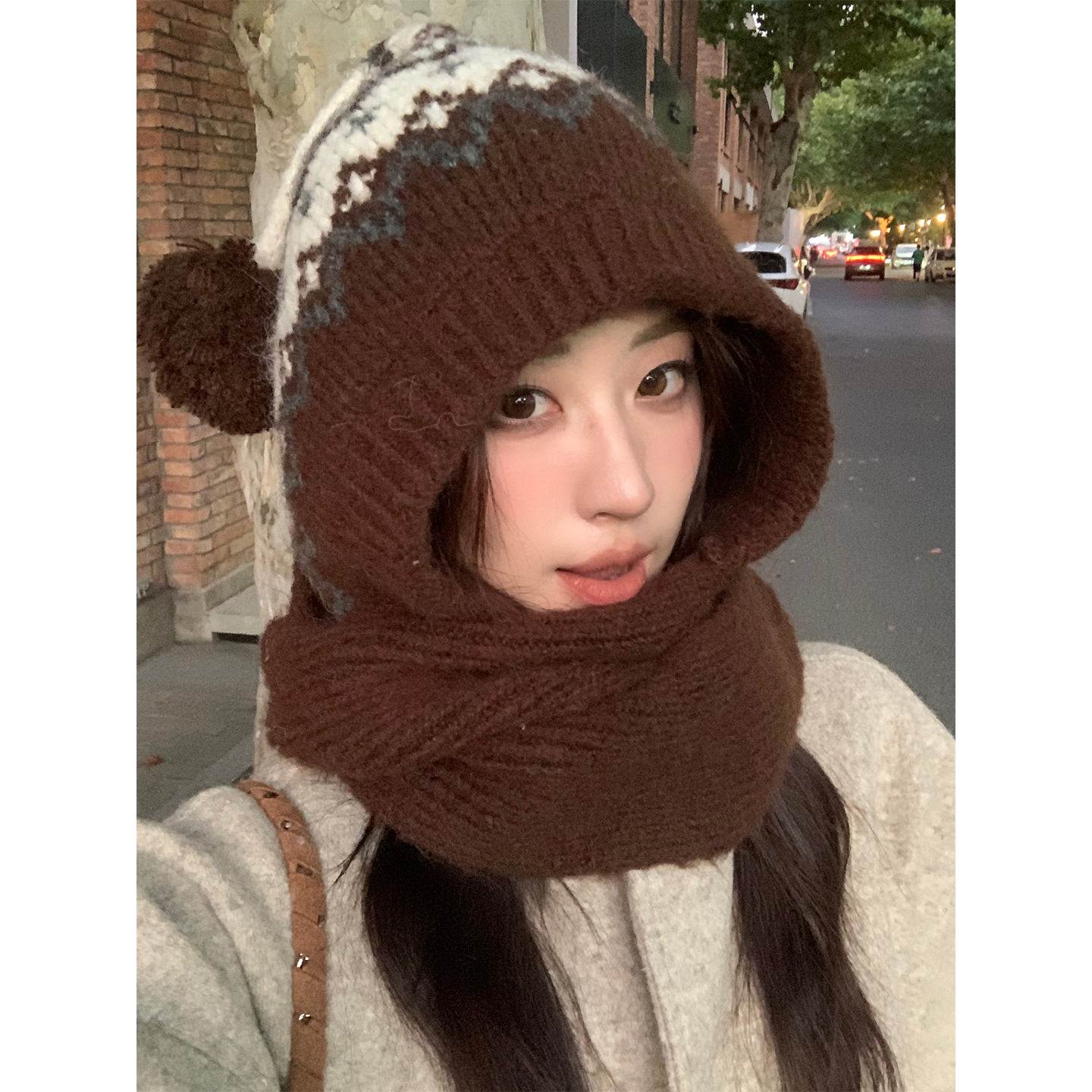 复古百搭费尔岛风巴拉克拉法帽女冬季保暖护耳帽子围脖一体毛线帽