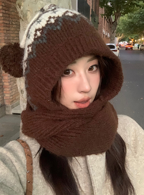 复古百搭费尔岛风巴拉克拉法帽女冬季保暖护耳帽子围脖一体毛线帽