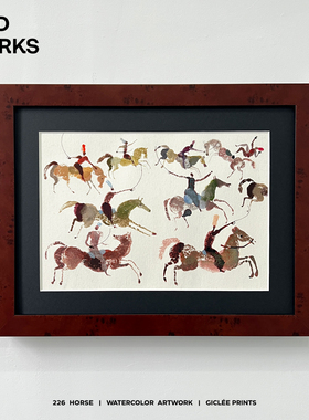 WED小众中古风骏马水彩实木框装饰画 客厅民宿咖啡厅质感高级挂画