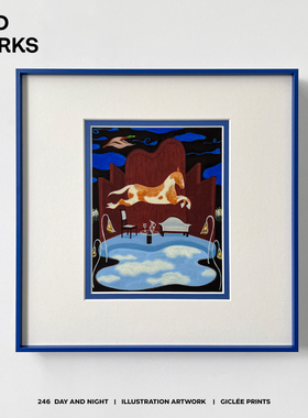 WED原创小众设计蓝色马图案包豪斯客厅咖啡室儿童卧室装饰画挂画