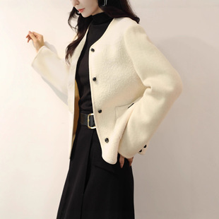 2025秋冬新双面羊绒大衣短款白色拼接圈圈尼羊毛外套小个子外套女