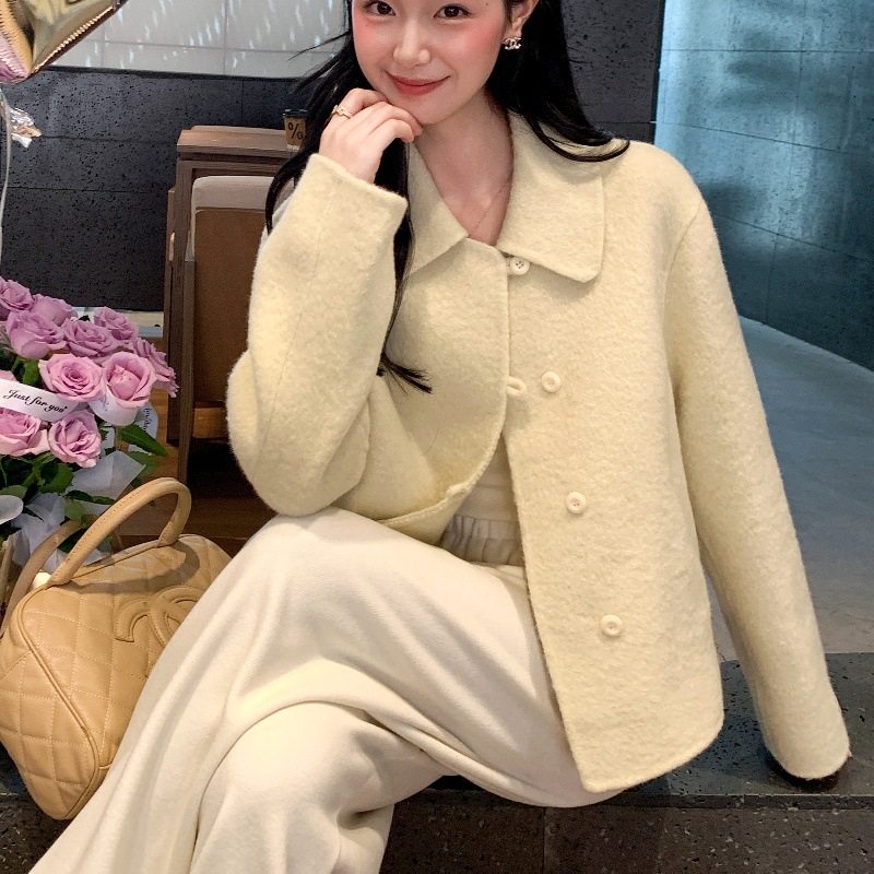 苏力高品质长毛羊绒大衣单排扣短双面呢外套女装小个子毛