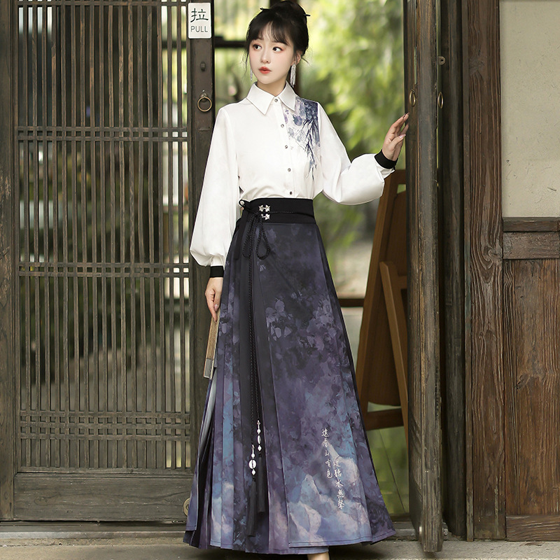 原创设计画影中国风改良汉元素女衬衣马面裙套装6935