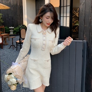 连衣裙钻饰内搭打底毛衣短 秋冬象牙白甜美千金风针织翻领长袖