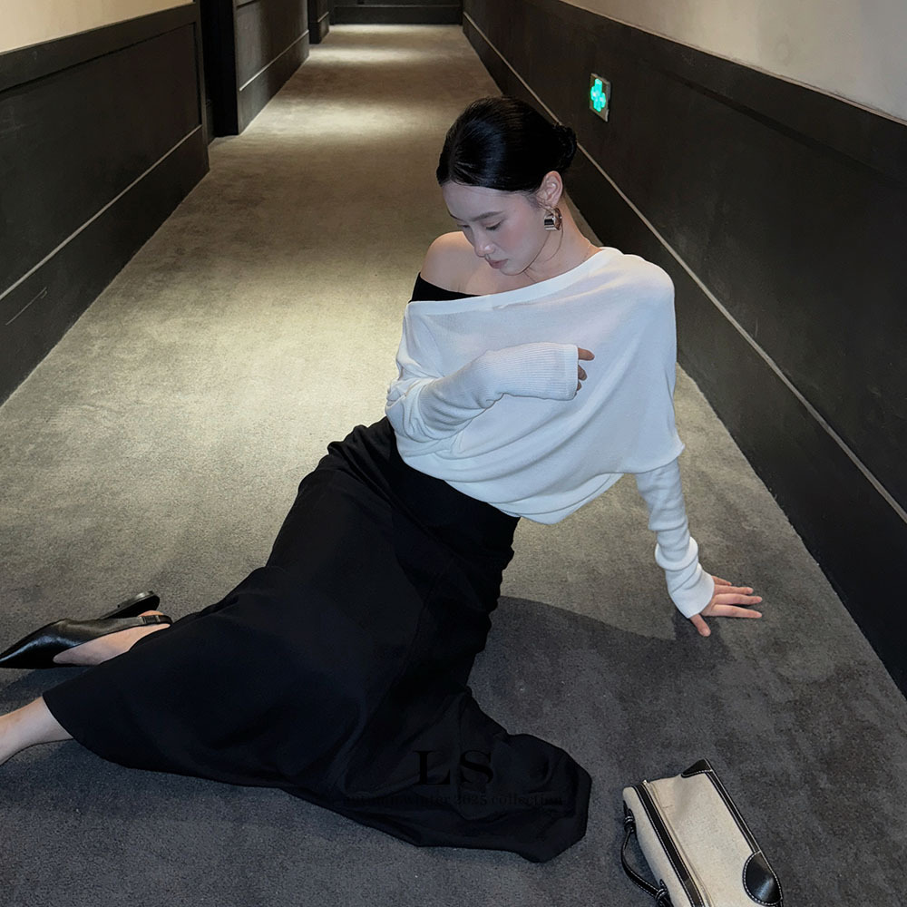 【ls新品牌】黑标极简 早秋上新优雅气质斜肩针织衫ct1005#