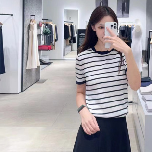 th南油女装 T恤上衣女 春夏新款 百搭撞色休闲条纹羊毛针织圆领短袖