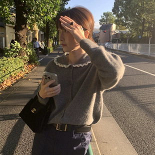 2025冬季 花边领毛衣女上衣 新款 韩国东大门leobe气质甜美针织开衫