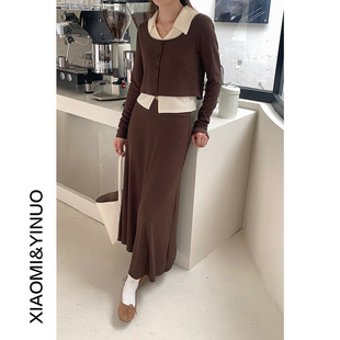 开衫 翻领背心 半身裙 2025春显瘦裙装 长袖 三件套装 2071 欧凡