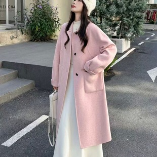 红色双面羊绒大衣外套牛角扣小领通勤毛呢大衣女装单排扣羊毛