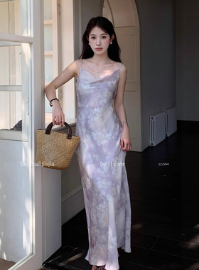 LS述致 修身显瘦气质连衣裙女优雅珍珠链条装饰无袖吊带长裙22299