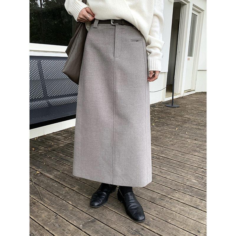 mmc毛呢半身裙女秋冬新款感羊毛气质长款显瘦a字直筒西装裙子