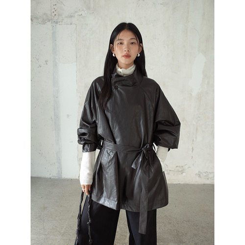 mmc dition立领皮衣外套女秋季新款感韩版收腰显瘦中长款夹克