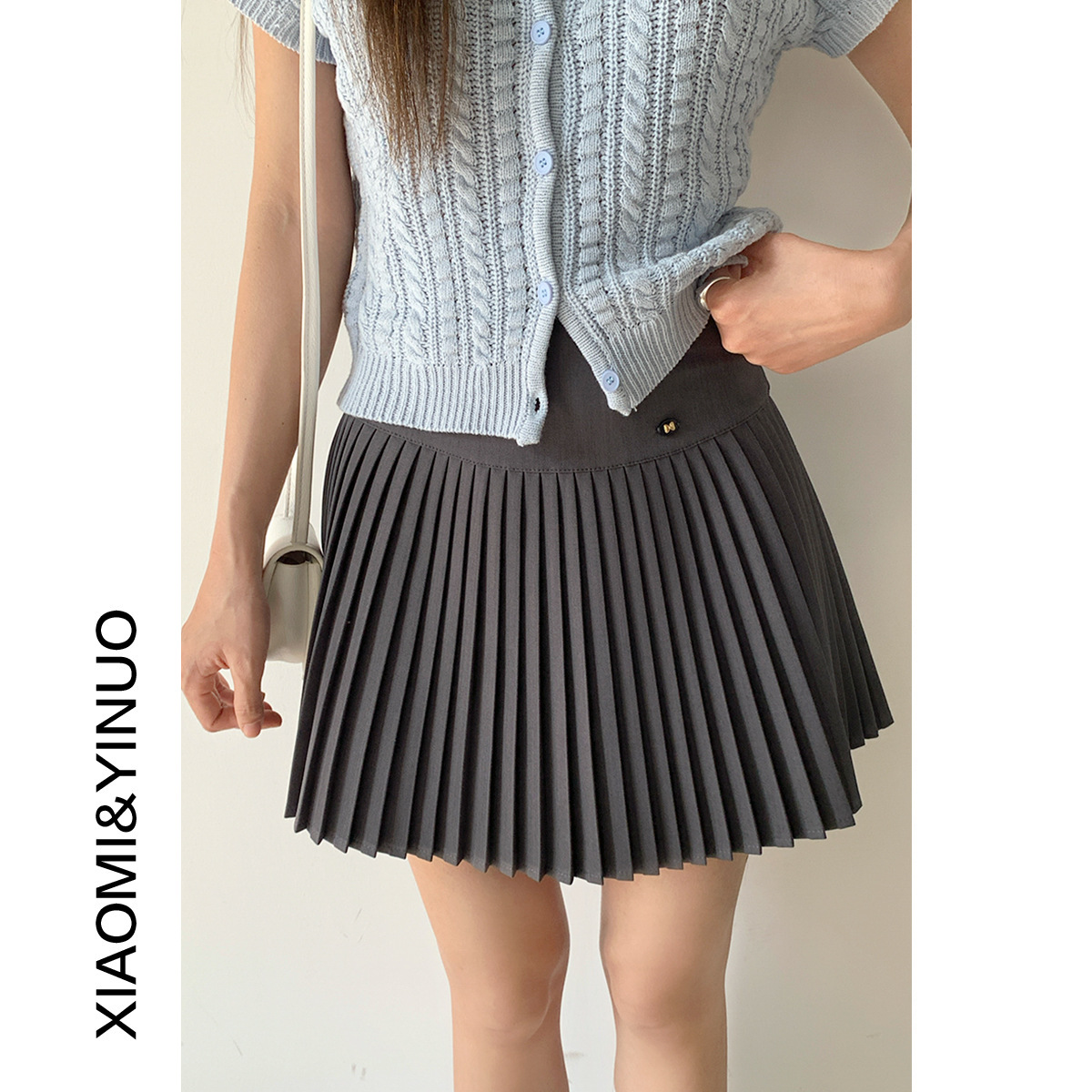 【欧凡】学院风百褶高腰西装半身裙女早春款甜辣显瘦A字短裙2777