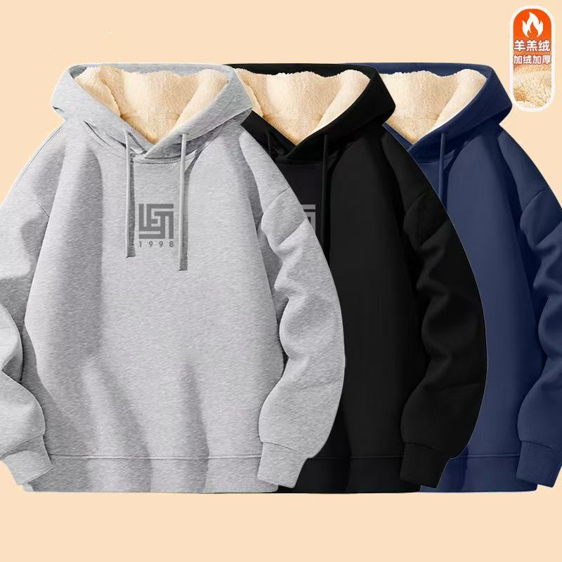 浅灰色羊羔绒外套男秋冬季加绒加厚连帽卫衣通勤休闲套头上衣服,男装,卫衣,淘宝优惠券,粉丝福利购,淘宝优惠卷