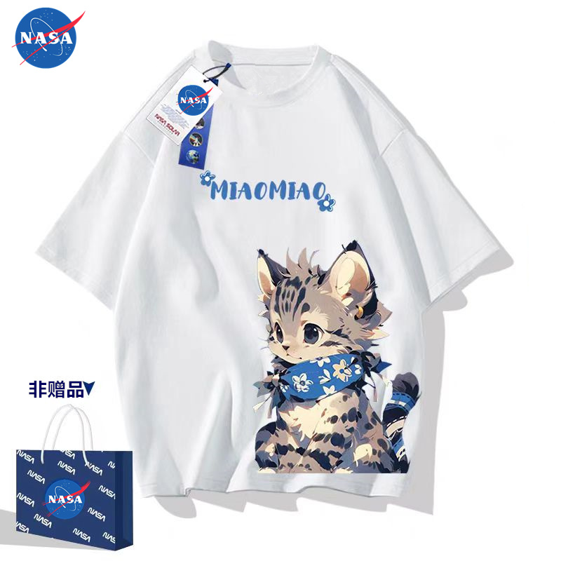 NASA杏色猫咪短袖t恤男夏季2025新款爆款宽松正肩半袖ins上衣潮
