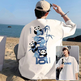 t恤男ins夏季 2025新款 新款 半袖 冰块熊猫印花休闲上衣 潮牌大码 短袖